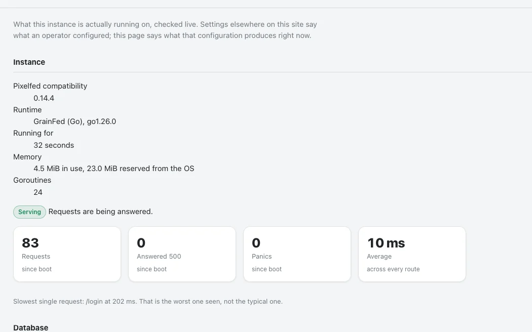 The status page: runtime, memory, database and request statistics