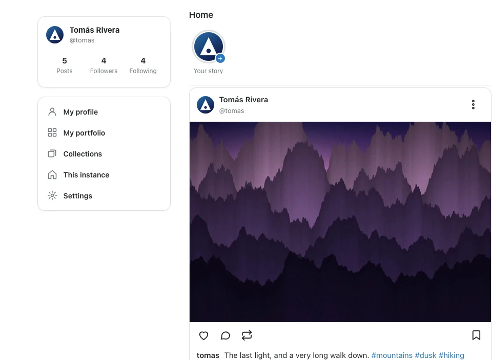 The home feed: a stories tray and a full-width photograph with its actions and caption