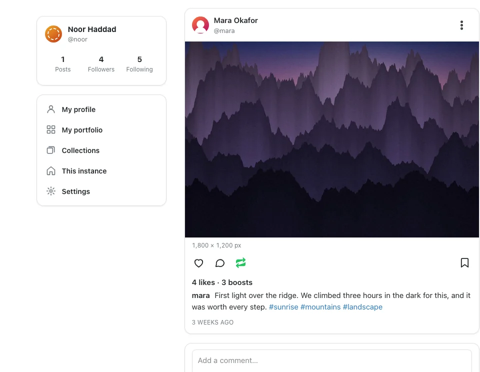 A single post with likes, boosts, comments and a comment box