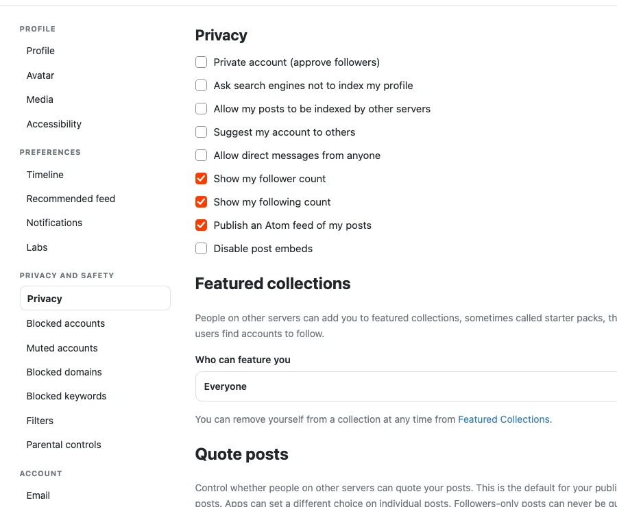The privacy settings page: private account, search engines, direct messages, follower counts, featured collections and quote posts